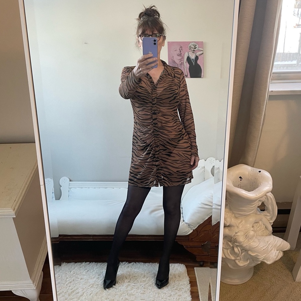 LONG SLEEVE SHEER MESH TIGER PRINT DRESS BUTTON FROMY COLLAR STRETCH WILD FABLE